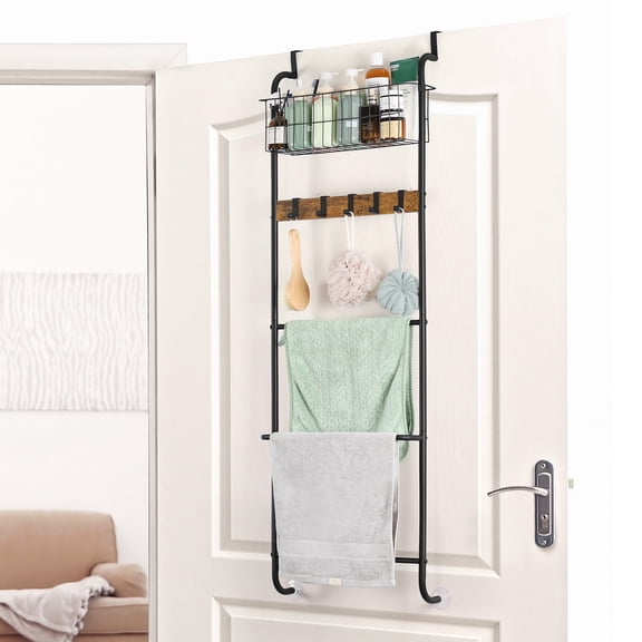 Adjustable Over-The-Door Storage Rack with Rolling Wheels Multi-Tier Hanging Organizer for Bathroom/Laundry