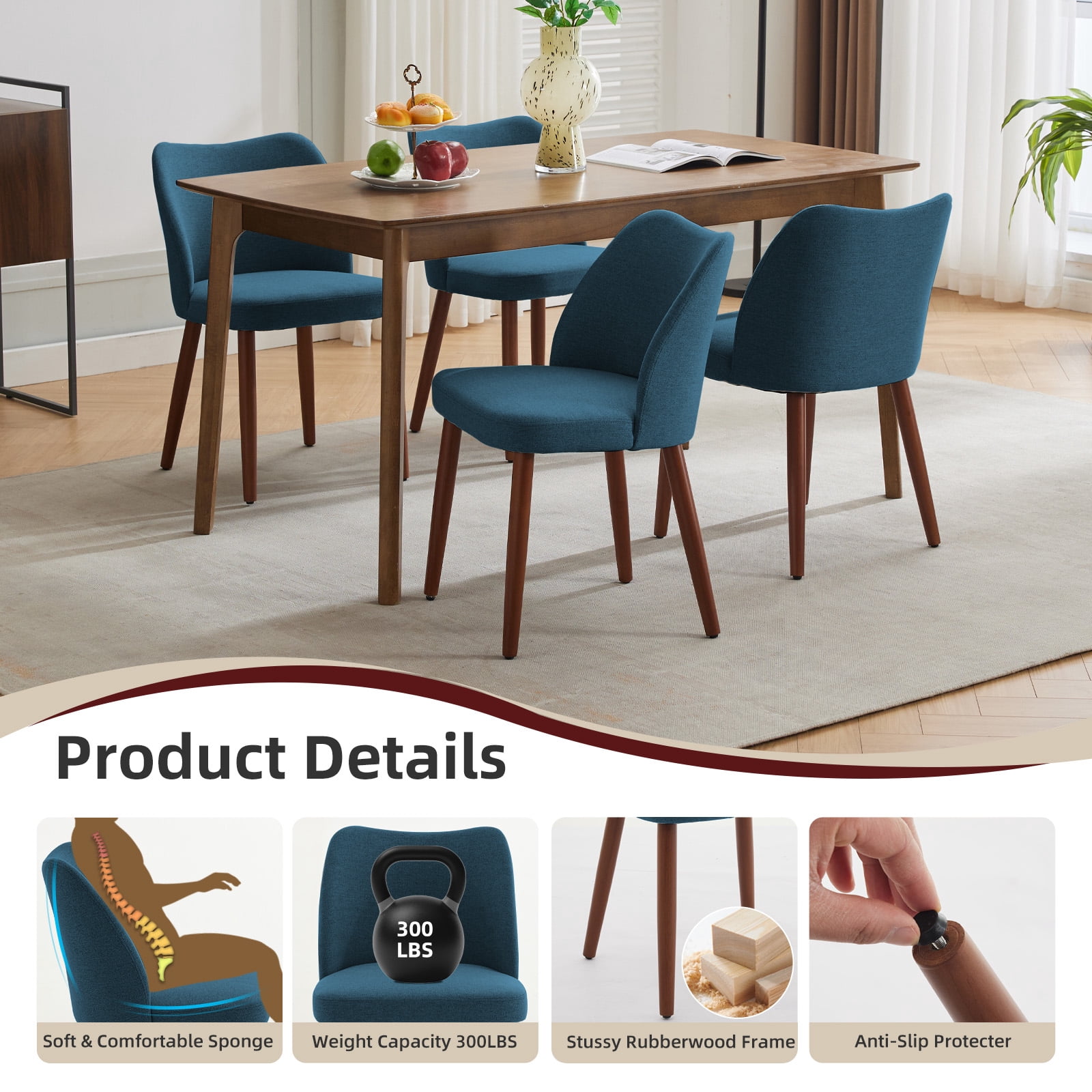 COZONY Dining Chair Set of 2, Upholstered Linen Dining Chairs with Wood Legs & Wing Backrest, for Dining Room or Living Room, Blue