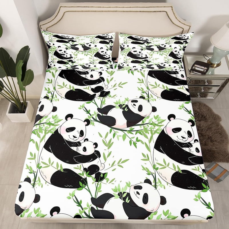 Cute Panda Fitted Sheet Full Size,Cartoon Wild Animals Bedding Set 3pcs for Kids Teens Boys Girls Room Decor,Green Bamboo Leaves Bed Sheet Set Natural White Bed Cover with 2 Pillowcases