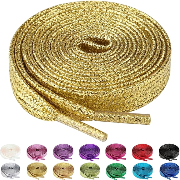 BZCOE 2 Pairs Flat Glitter Shiny Metallic Shoe Laces,Colorful Sequin Shoelaces Gold Shoe Laces