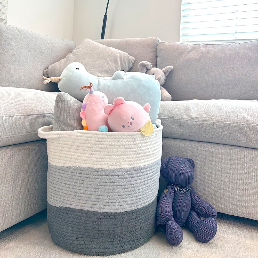 Orino 18"x16" Extra Large Storage Baskets with Handle-Cotton Rope Laundry Basket-Toy Storage Organizer-Soft Baby Kid Nursery Hamper Organizer-Tall Woven Basket Toy Storage Bin(Black+Grey+Beige)
