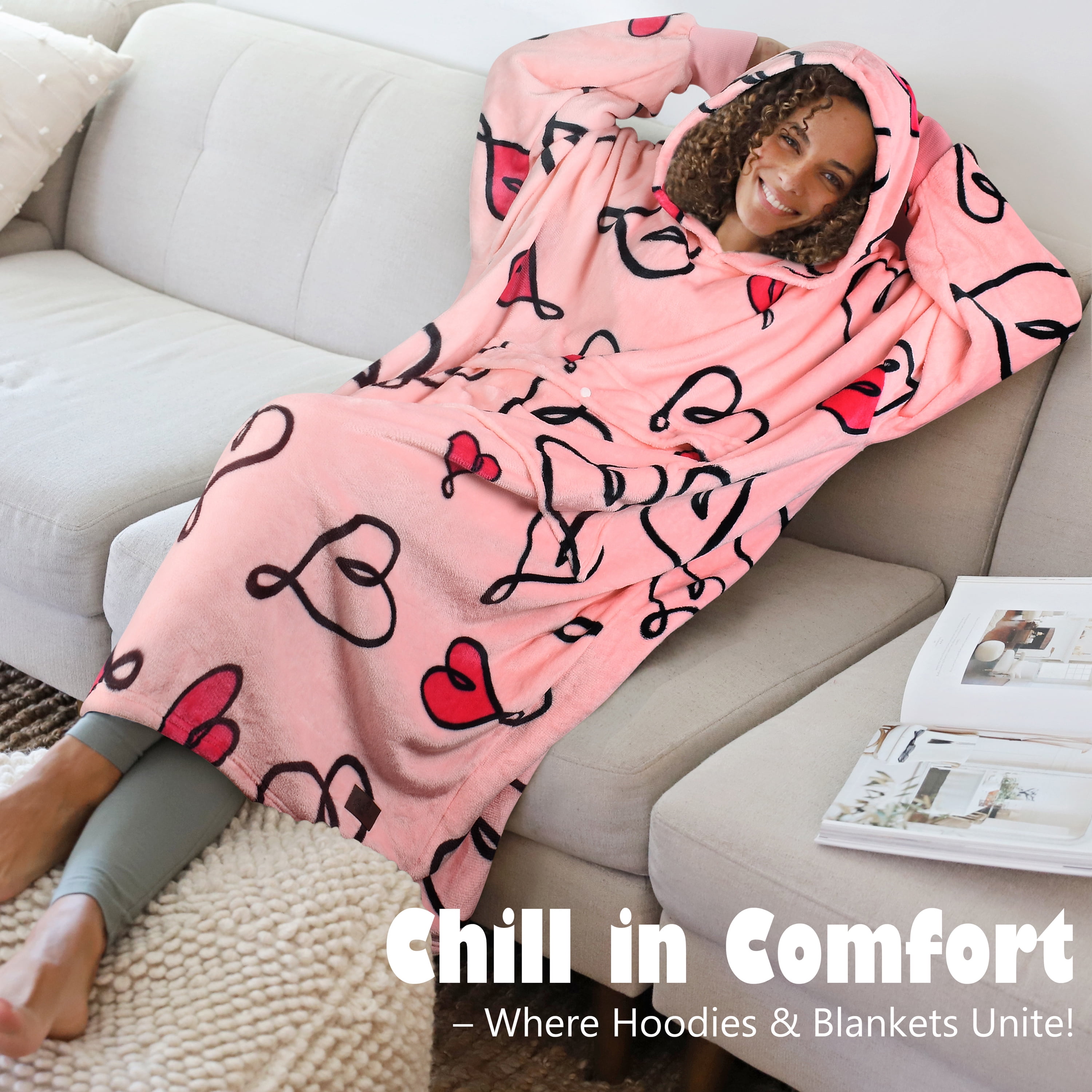 Catalonia Valentine's Day Gift Womens Oversized Flannel Blanket Hoodie Sweatshirt, Plush Fleece Lined Lounging Pullover, Christmas Gift for Women (LOVEART Pink)