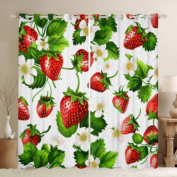 Manfei Sweet Strawberry Black Out Curtains,Rustic Flower Floral Curtains Pack of 2 (42x63 Each),Red Green White Bedroom Curtains For Kids,Microfiber Bedroom Decor