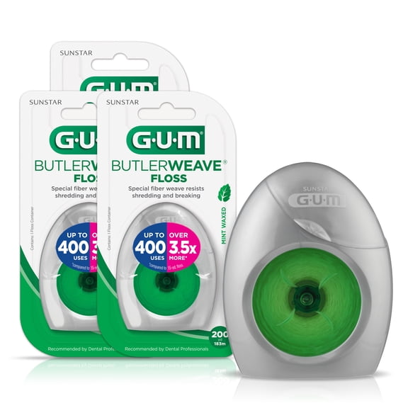 GUM ButlerWeave Woven Dental Floss, Shred Resistant Waxed Floss, Mint Flavored, 1 Count(Pack of 3)