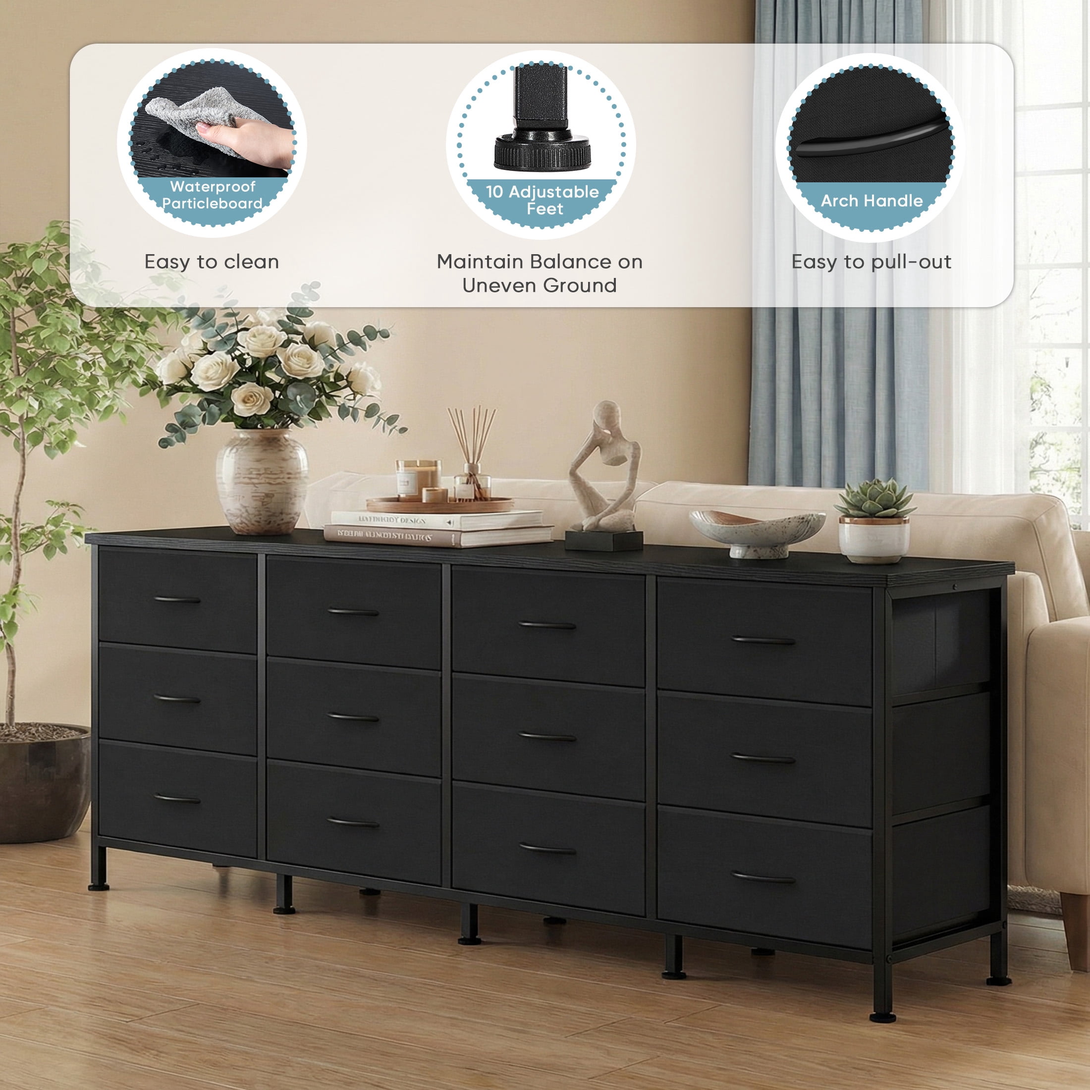 CONCETTA 12 Drawer Storage TV Dresser, Metal Frames Resist Deformation, Adjustable Feet Prevent Tipping, Accommodates TV Up to 80 inch, Suitable for Living Room,Black