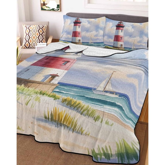 Beach Lighthouse Twin XL Size Down Alternative Comforter, Lightweight Comforter Quilt Bedding Set with Pillow Shams Coastal Ocean Ship Sky Oil Painting All Seasons Bed Comforter Duvet Insert 68"x98"