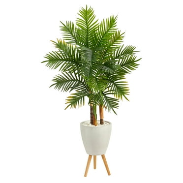 Nearly Natural 63in. Areca Artificial Palm Tree in White Planter with Stand (Real Touch)