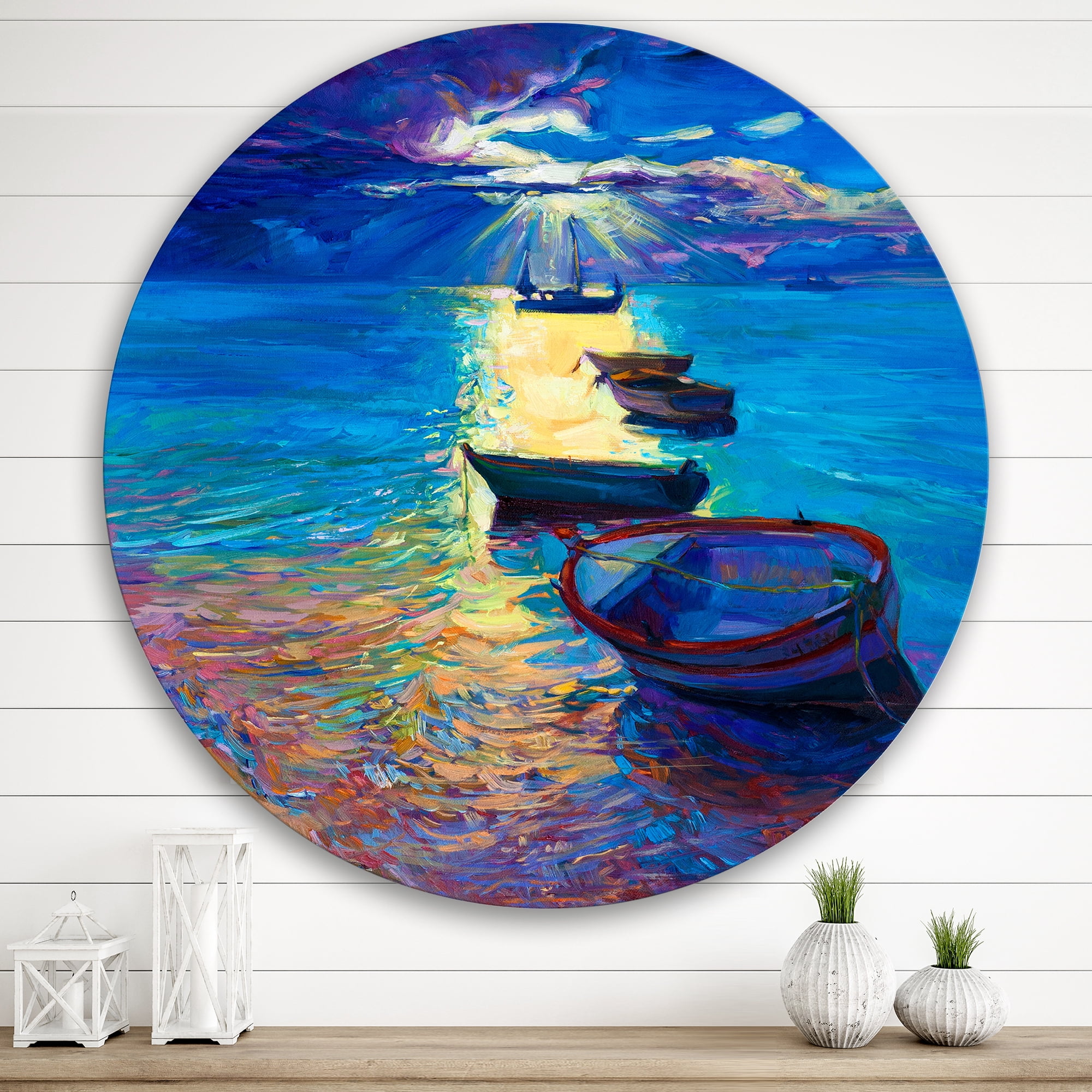 Designart 'Fishing Boats On The Water With Dark Blue Sky Illustration' Lake House Circle Metal Wall Art 36x36 - Disc of 36