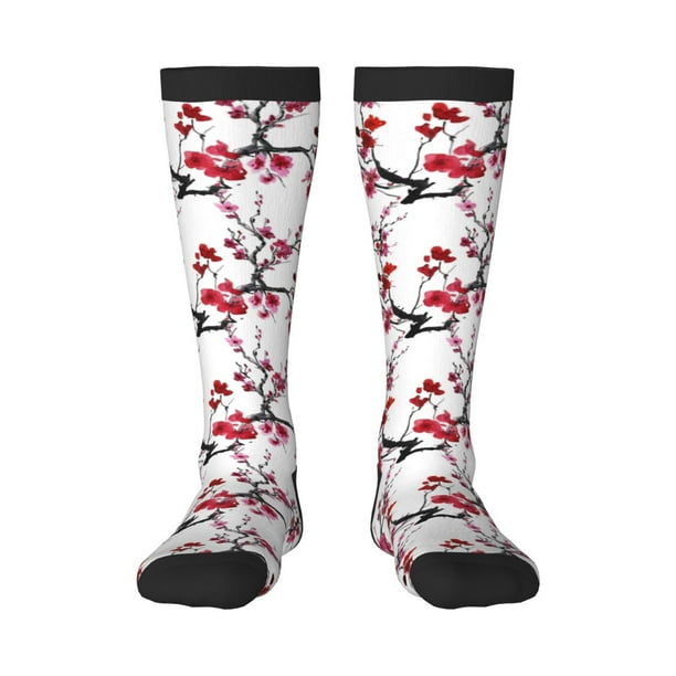 Fotbe Cherry Blossoms Calcetas Divertidas Estampadas para Hombre y Mujer, Calcetas de Algodón hasta la Rodilla para Caminar, Correr, Enfermería y Embarazo