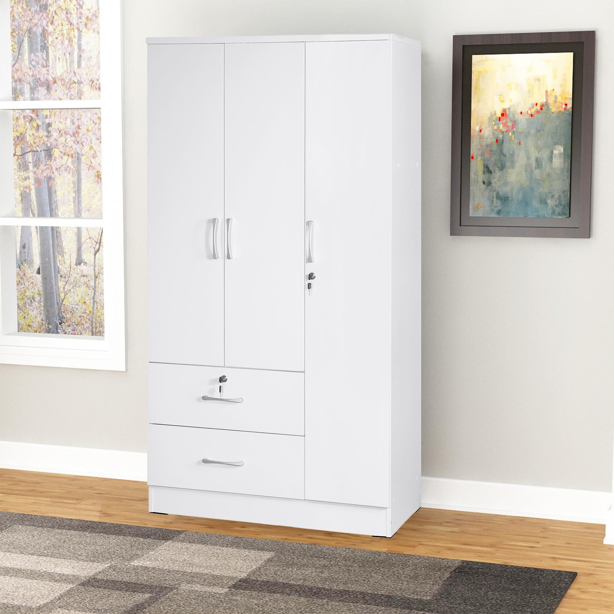 Details about   White Finish Armoire Wooden Wardrobe Storage Cabinet Closet Drawer Organizer 