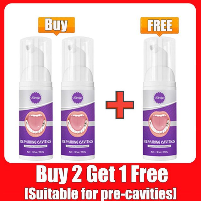 reparación de caries dentales, reparación de todas las cavidades crema en envase dispensador de espuma, vista frontal centrada de tres frascos blancos con etiqueta morada que muestra una boca abierta; promoción compra 2 y recibe 1 gratis; indicada en la etiqueta para uso tópico en áreas pequeñas de cavidades, adecuada para higiene bucal y cuidado dental especializado.