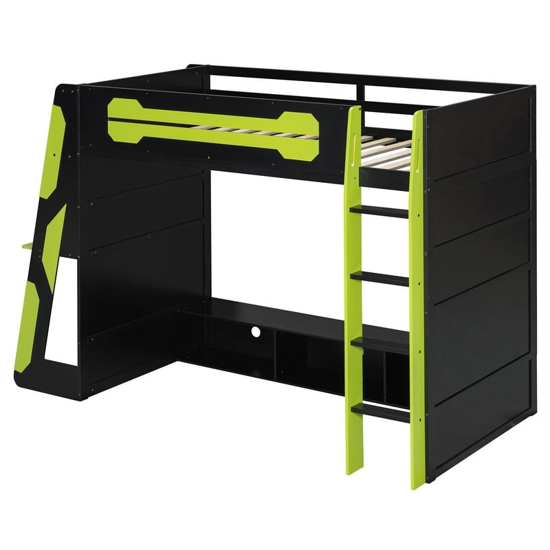 Twin Size Gaming Loft Bed with Desk and RGB LED Light, Wooden Loft Bed Frame with Workstation and Storage Shelves for Bedroom, Dorm Room