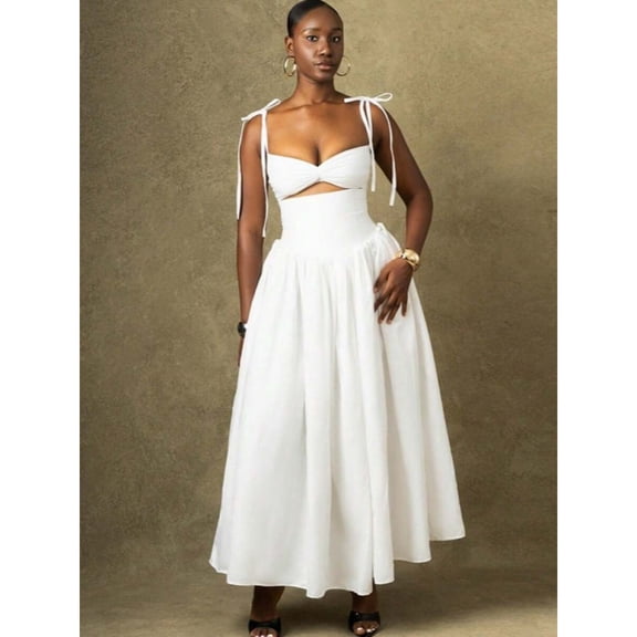 White Solid Color Two-Piece Dress With Tie-Shoulder Top, Cut-Out Detail, And Flowy Maxi Skirt
