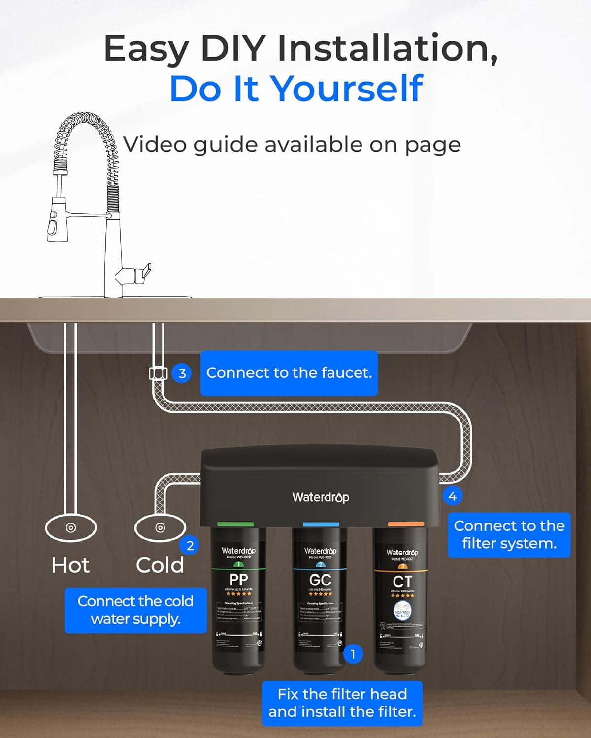 Waterdrop TSA 8 Layer Under Sink Water Filter System,  Reduces PFAS, PFOA/PFOS, Fluoride, Chlorine, Bad Taste & Odor, with WD-10PP Water Filter
