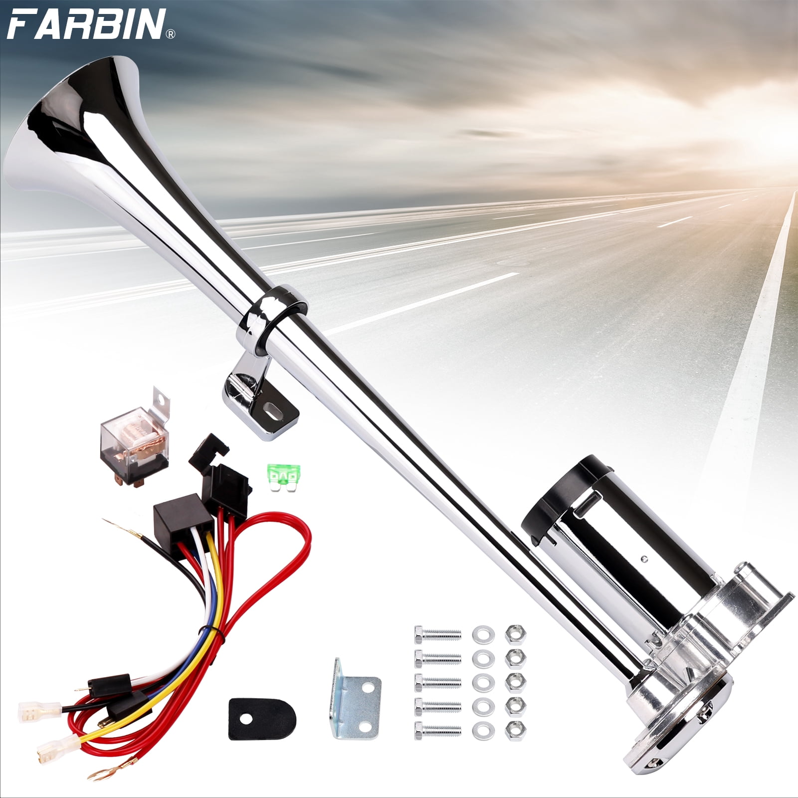 FARBIN Air horn for truck loud truck horn 12v train horn loud car horn airhorn 150db air train horn kit with compressor train horn for car truck horns for pickups (Integrated Single tube, 12V)