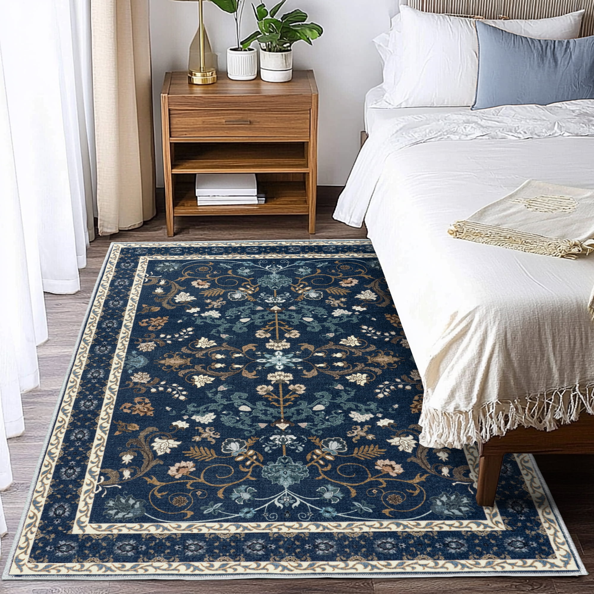 ZENELESS Washable Area Rug,4x6 Non-Slip Foldable Ultra-Thin Soft Carpet for Living Room Bedroom Bathroom Kitchen Entryway Office,Dark Blue