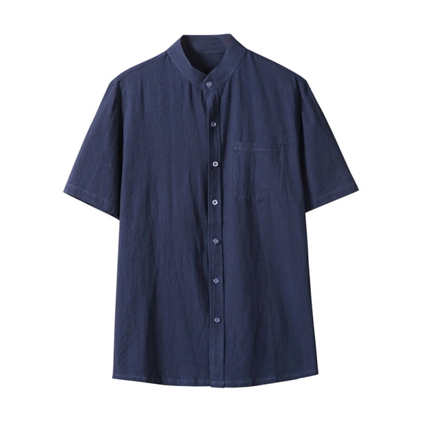 Camisa de Botón de Manga Corta de los Hombres, Holiday Casual Color Sólido, Camisa de Bolsillo de Cuello de Pie