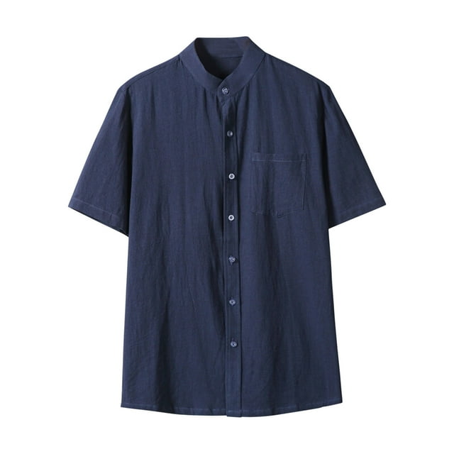 Camisa de Botón de Manga Corta de los Hombres, Holiday Casual Color Sólido, Camisa de Bolsillo de Cuello de Pie