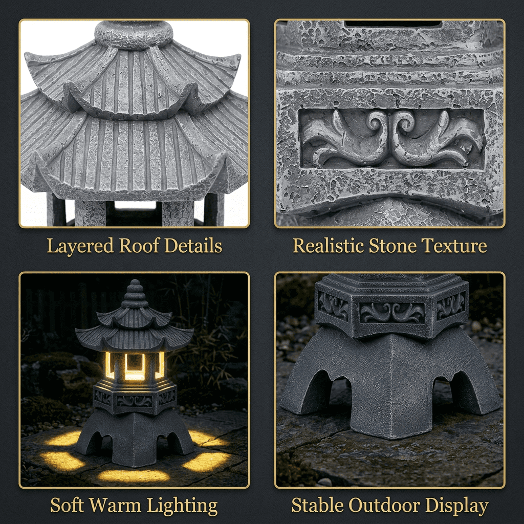 Japanese Solar Pagoda Lantern Garden Statue Outdoor Zen Decor Light