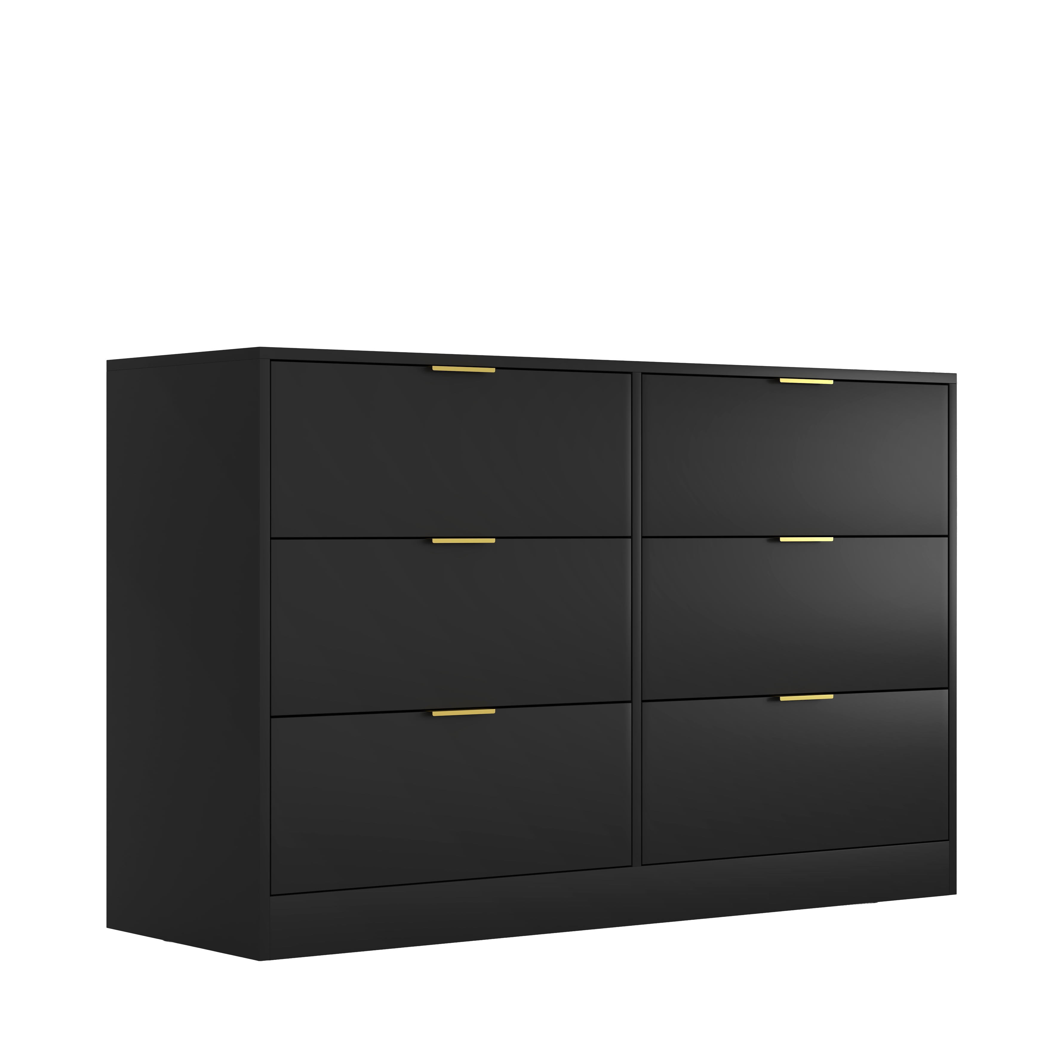 Mintazer Wide Dresser with 6 Drawers, Storage Chest of Drawers with Gold Metal Handles for Entryway Bedroom Living Room Hallway, Black