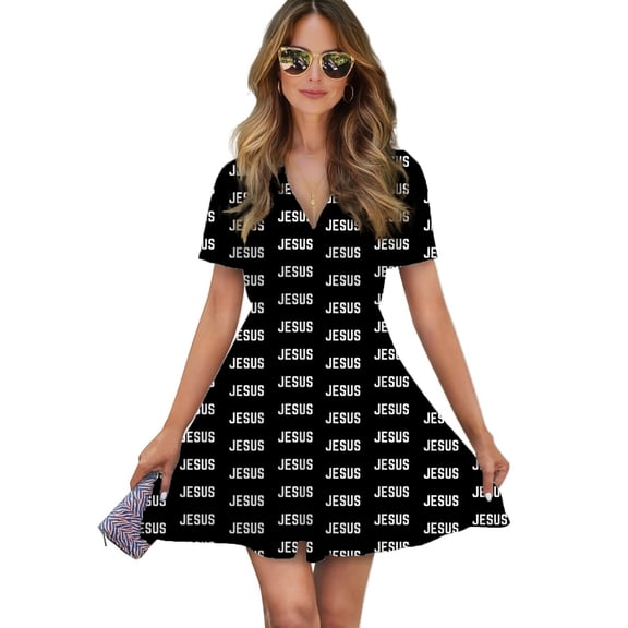 Jesus Women Dress V-Neck Short Sleeve Flowy Swing Party Midi Dress