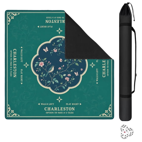Mahjong Mat for Table 31.5" x 31.5" Teal Bird Blossom Vintage Anti Slip Noise Reduction Padded Board Game Table Mat for American Mahjong with Carrying Bag