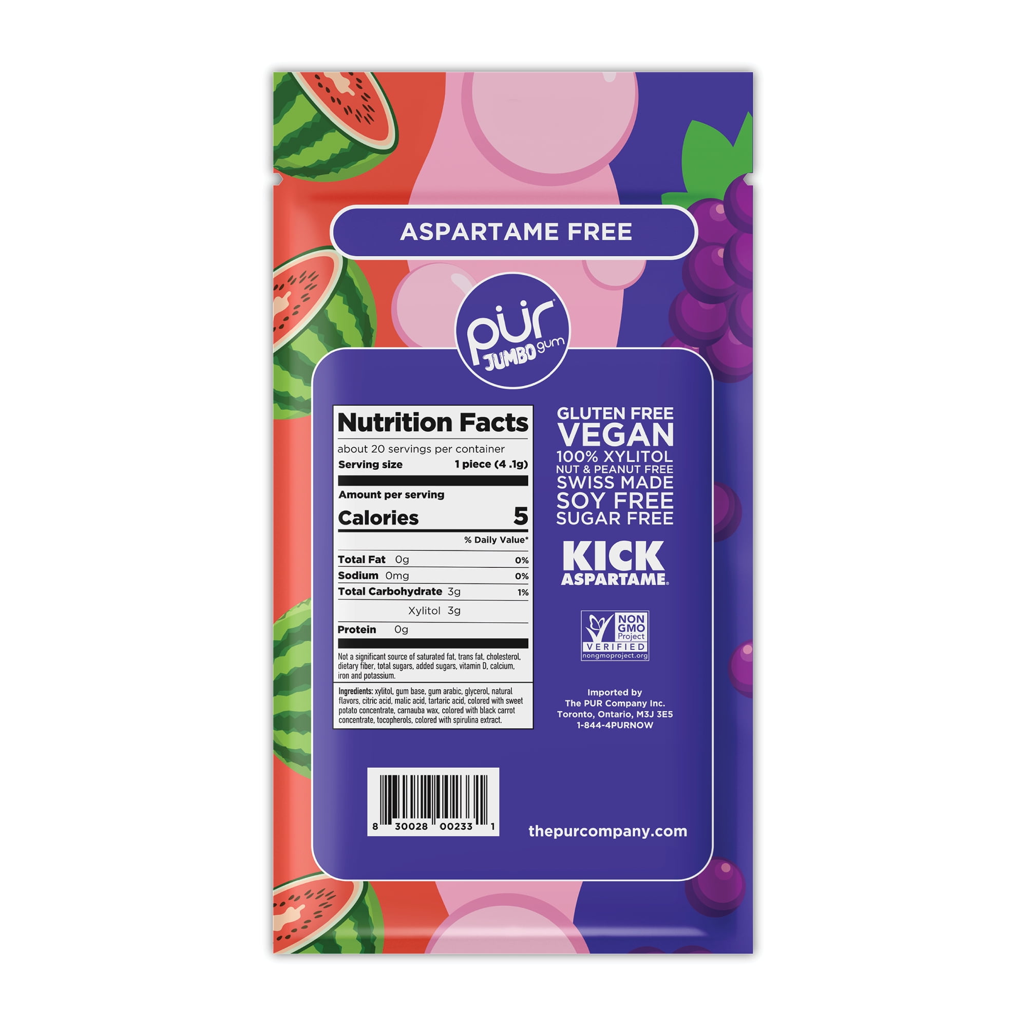 PUR Jumbo Gum, Aspartame Free, Sugar Free & 100% Xylitol, Natural Bubblegum, Grape, Watermelon Flavor, 20 Pieces, Pack of 10