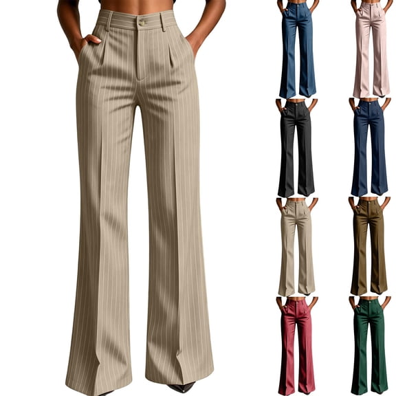 Women's Striped High Waist Pleated Flare Pants Dress Pants Slim Bootcut Suit Trousers Business Casual office Work Pants with Pockets Red