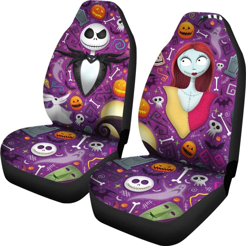 Jack Sally Purple Vibe Skelling Car Seat Covers Set 2Pc With Foaming Lining, Halloween Decorative Automotive Car Decor. Horror Movies Halloween Car Decor