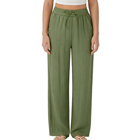 BRGZLK Womens Casual Pants Wide Leg High Waisted Pant with Adjustable Drawstring Solid Loose Fit Trousers with Pockets