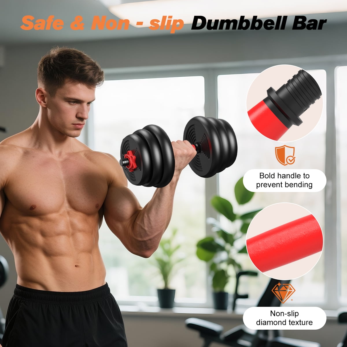 RELIFESPORTS 6-in-1 Adjustable Dumbbell Set | Squat Bar & Tire Flipper Included | Free Weights for Men & Women | Space-Saving Multifunctional Home Gym Equipment