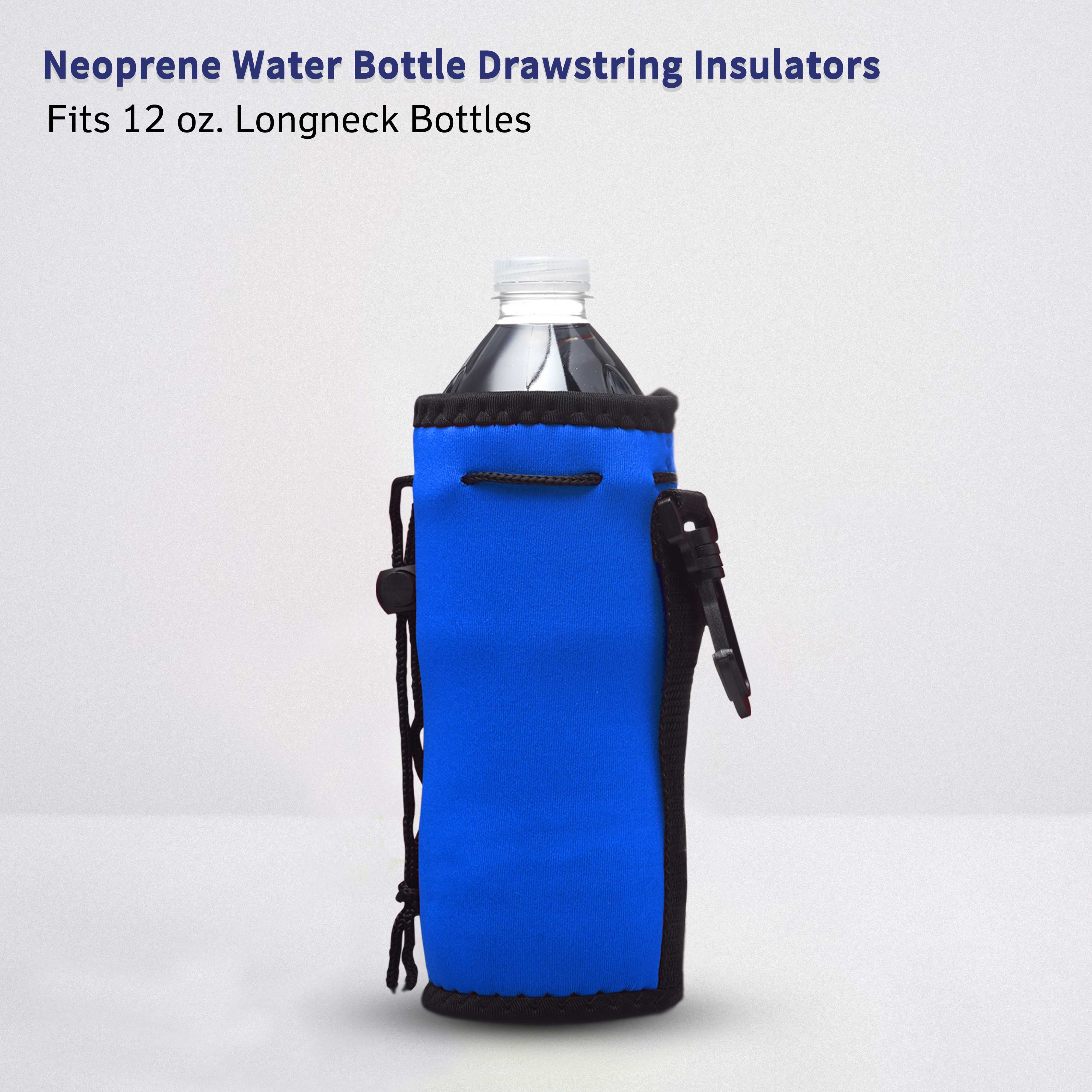 10 Neoprene Water Bottle Drawstring Insulators Pack - 12 oz. Longneck, Hook - Royal Blue