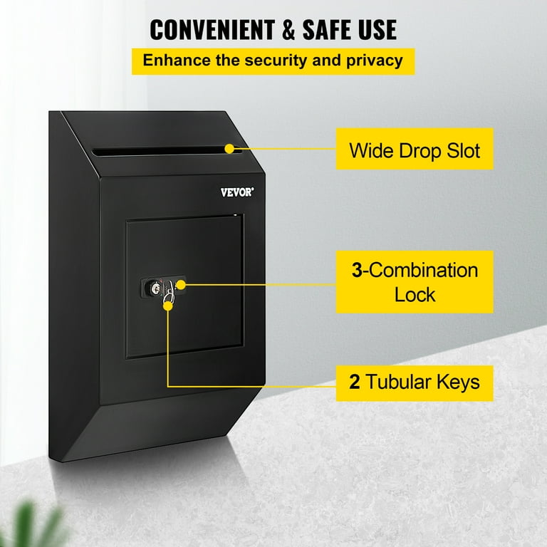 VEVOR Suggestion Box, Donation Ballot Box with Key & Combination Lock, Wall  Mounted Collection Box w/ Wide Drop Slot, Steel Key Drop Box for Home  Office School, 16.1x10x3.9, Black 