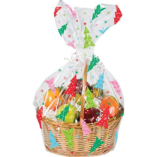 Holiday Trees Cellophane Bags for Christmas Gift Baskets and Trays, 24