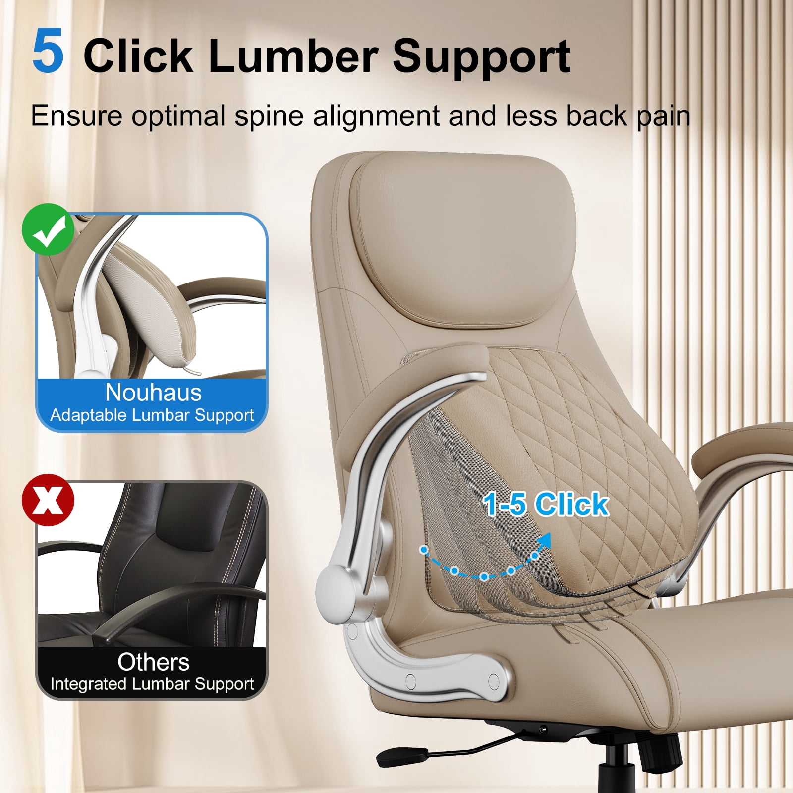 Nouhaus Office Ergonomic Desk High Back Executive Chair with Pop-Out Lumbar Support, Adjustable Headrest, Flip-Up Arms, Leather Home with Thick Cushion for Comfort - Taupe