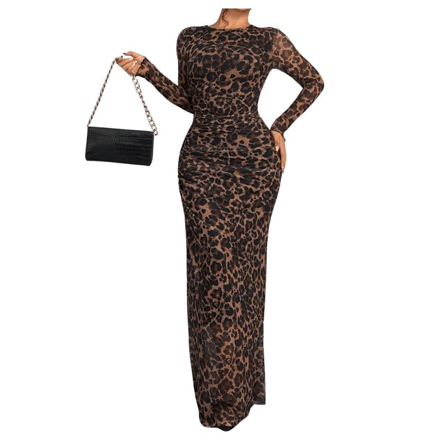 Vestido BEAUDRM ajustado de malla transparente con estampado de leopardo para mujer