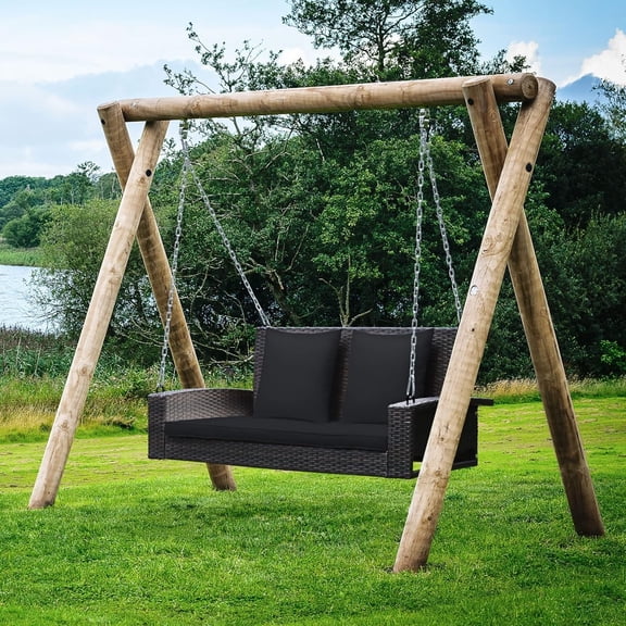 2-Person Wicker Porch Swing,   Outdoor Rattan Hanging Swing Bench W/ 2 Back Cushions & 1 Seat Cushion, Sturdy Steel Chain, 800lbs Weight Capacity