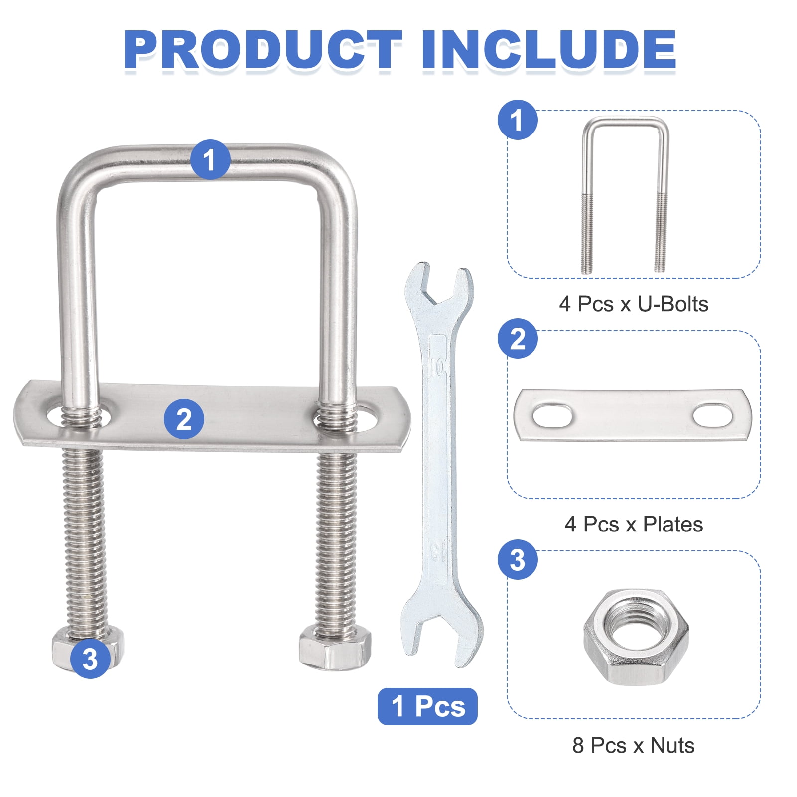 Uxcell 4 Sets M8 Square U-Bolts, 1.57" Inner Width 2.56" Length 304 Stainless Steel U Clamp Bolts with Nuts, Plates and Wrench