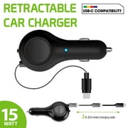 Cellet 3Amp 15Watt USB-C Retractable Car Charger for iPhone 15 Pro Max, 15 Pro, 15 Plus, 15, Samsung Galaxy S24 Ultra, S24+, S24 & Other Android Devices.