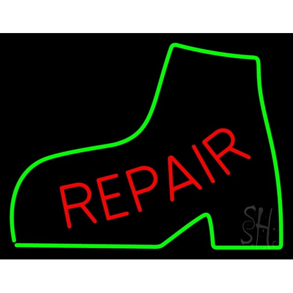Red Repair Green Boot LED Neon Sign 15 x 19 - inches, Black Square Cut Acrylic Backing, with Dimmer - Bright and Premium built indoor LED Neon Sign for store interior Décor, Storefront.