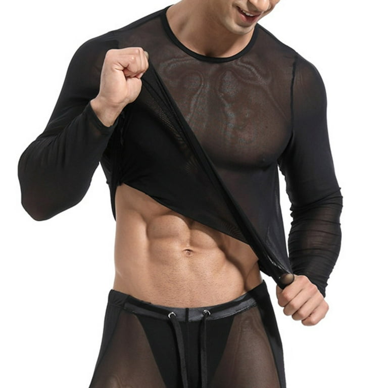 Mens Mesh See Through Sport Tops Long Sleeve Top T-Shirt Sheer