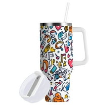 Yayeee 40oz Double-Wall Insulated Stainless Steel Tumbler with Handle Bottle, Doodle Pattern