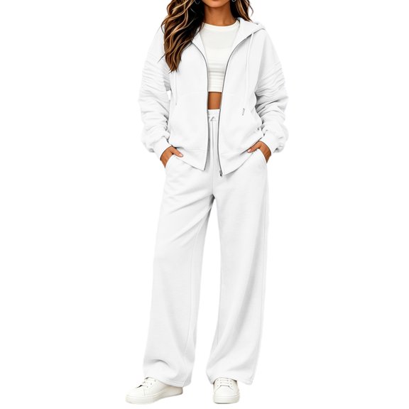 Szluipve 2 Piece Sets for Women Full Zip‑Up Hoodie 2 Piece Tracksuit Set Drawstring Zip Hooded Jacket & Elastic Waist Wide Leg Pants Casual Loungewear Outfit with Side Pockets White L