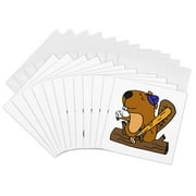 3dRose, Cool Funny Beaver Playing Baseball Cartoon, 12 Greeting Cards with envelopes