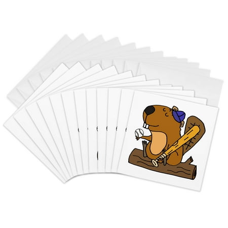 3dRose, Cool Funny Beaver Playing Baseball Cartoon, 12 Greeting Cards with envelopes