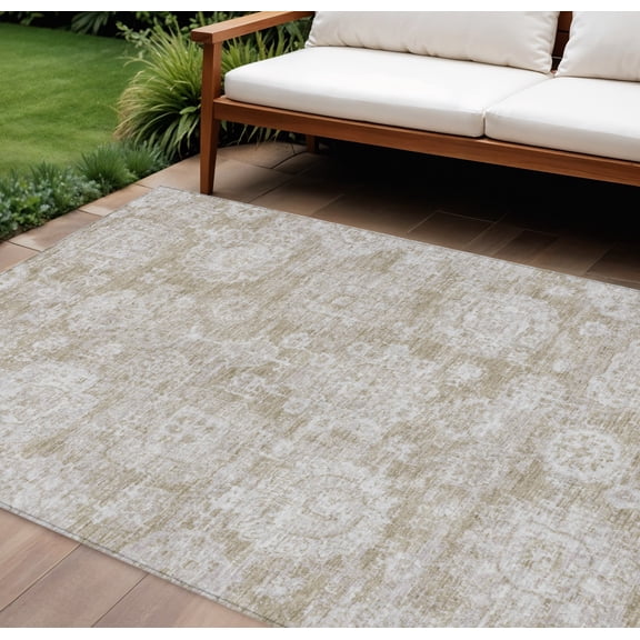 HomeRoots 579437 9 x 12 ft. Floral Washable Indoor & Outdoor Rectangle Area Rug, Beige, Tan & Gray