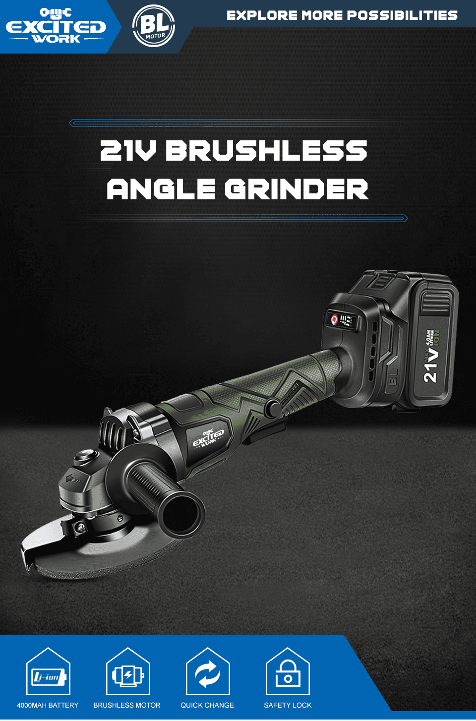 EXCITED WORK 21V 5 inch Cordless Angle Grinder, 7500rpm Brushless Electric Metal Cutting Machine with Two 4.0A Batteries and Fast Charger, 4-1/2 "Grinding Wheel for Polishing, Grinding and Cutting
