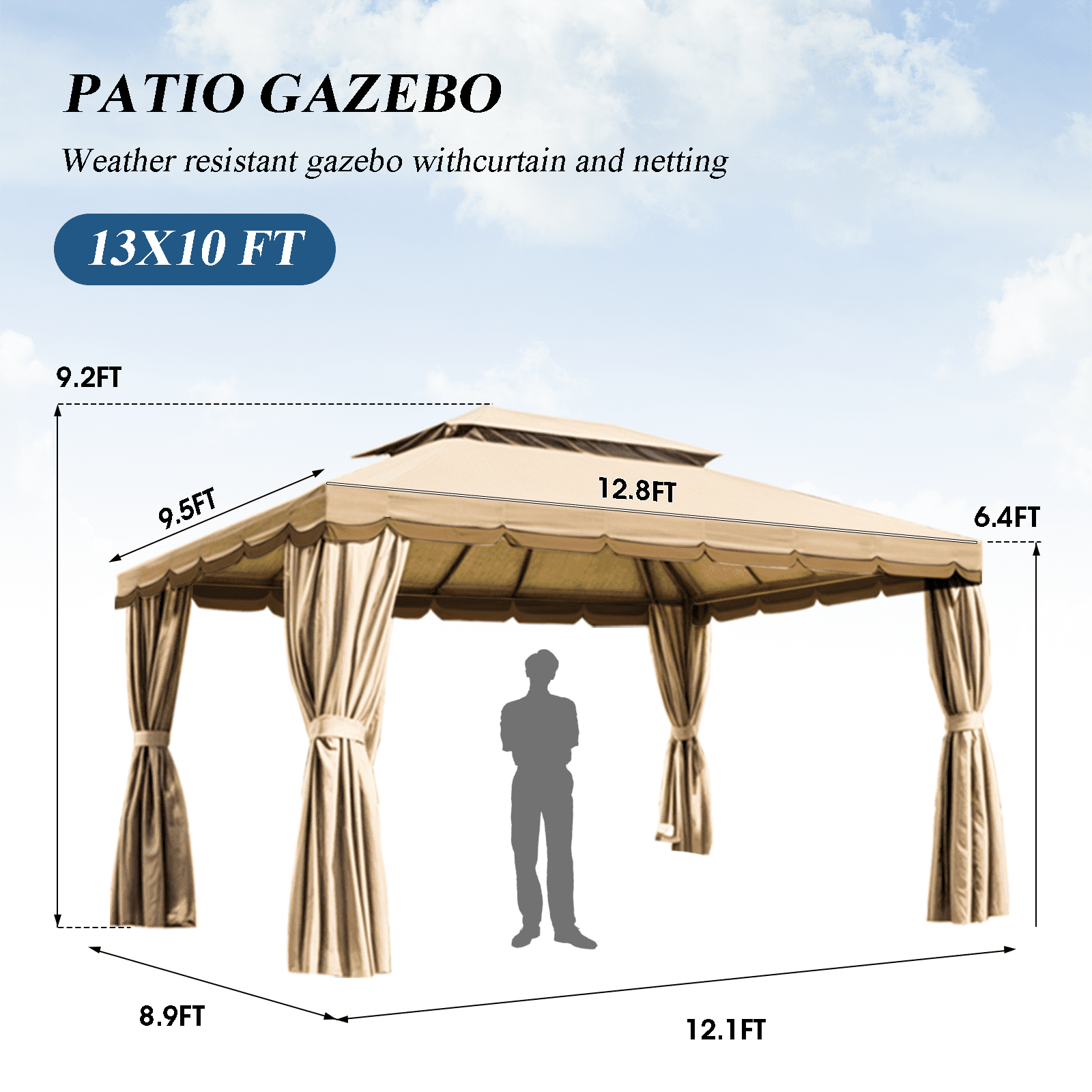Grezone 10×13 FT Deluxe No Screws Gazebo,Double Roof Outdoor Shelter Tent with Mosquito Nettings and Privacy Screens