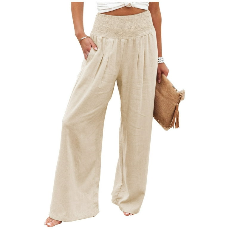 Sksloeg Linen Pants Women Summer Tall Inseam Oceanside Solid Smocked Waist  Lounge Beach Trousers with Pockets,Khaki S