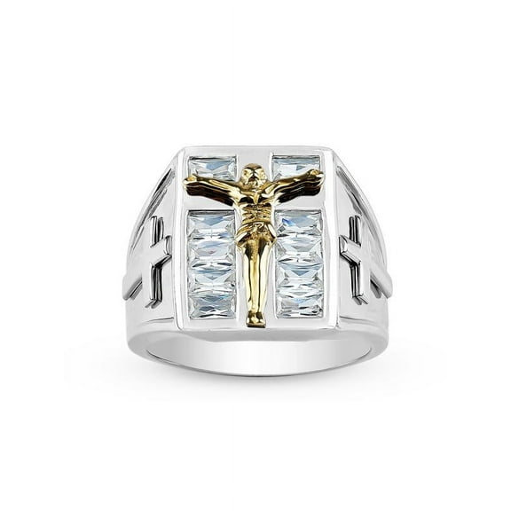 Stainless steel 2 Tone Men's Crystal Crucifix Ring